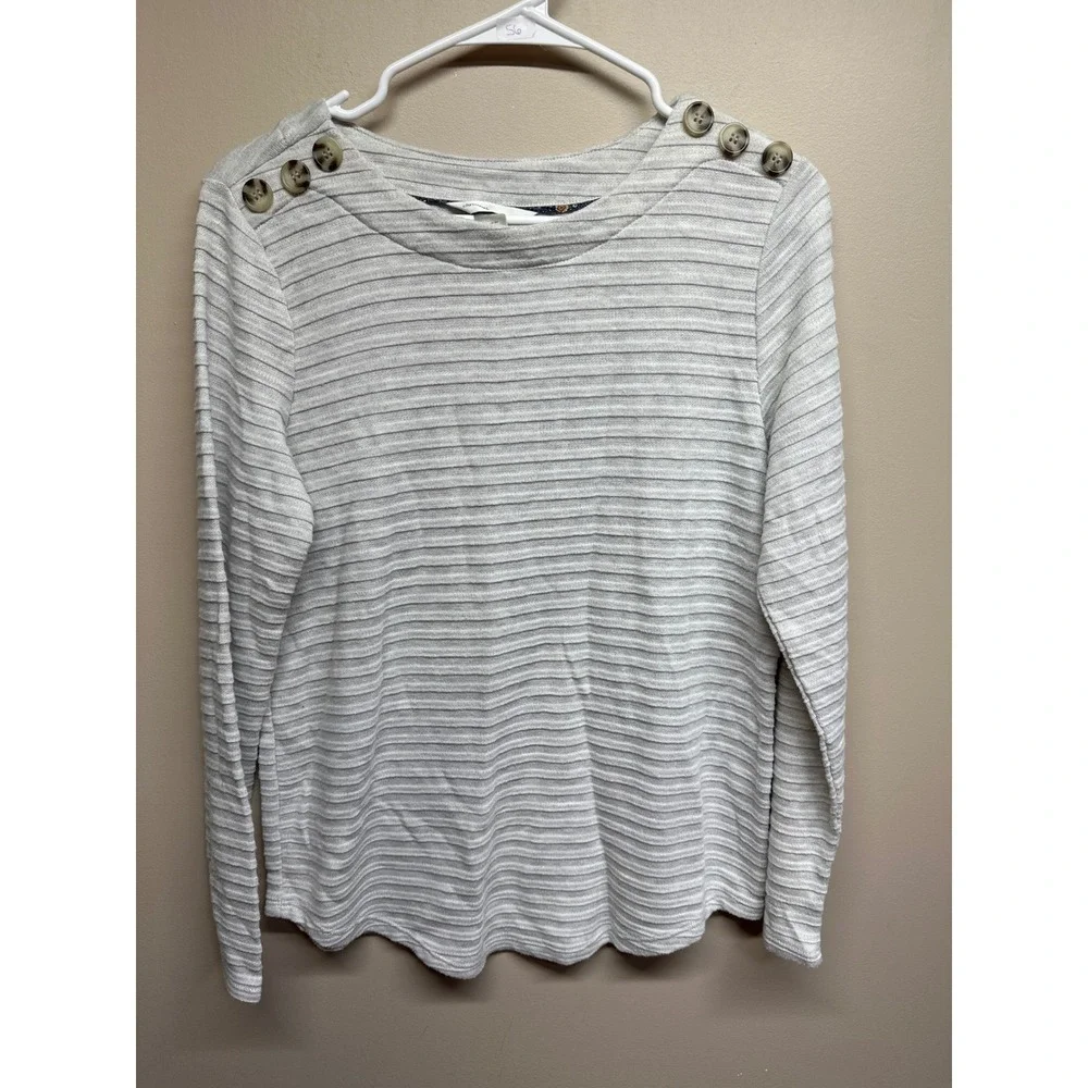 Christopher &Banks striped long sleeve button shoulder women medium gray sweater